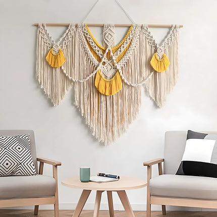 Tapiz colgante de pared de macramé amarillo grande