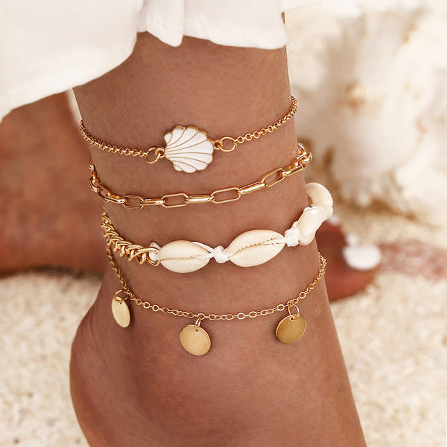 Conjunto de tobillera con dije de concha y piedra triturada estilo bohemio