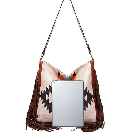 Bohemian Chic Large Canvas Shoulder Bag with Colorful Knitting and Tassel Details