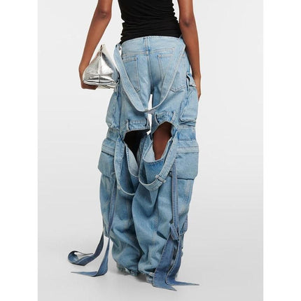 High Waist Spliced Cargo Denim Trousers