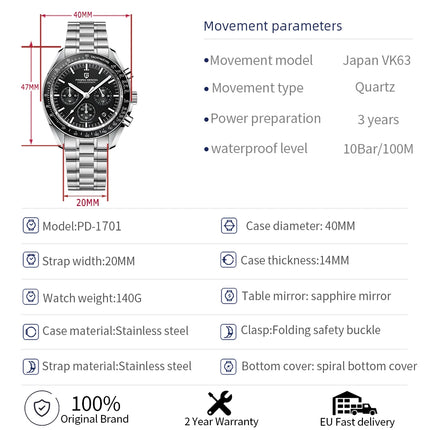 Reloj cronógrafo de cuarzo de lujo para hombre con fecha automática PAGANI DESIGN 2024