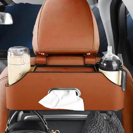 Universal PU Leather Car Seat Back Organizer with Cup Holder & Hooks - Wnkrs