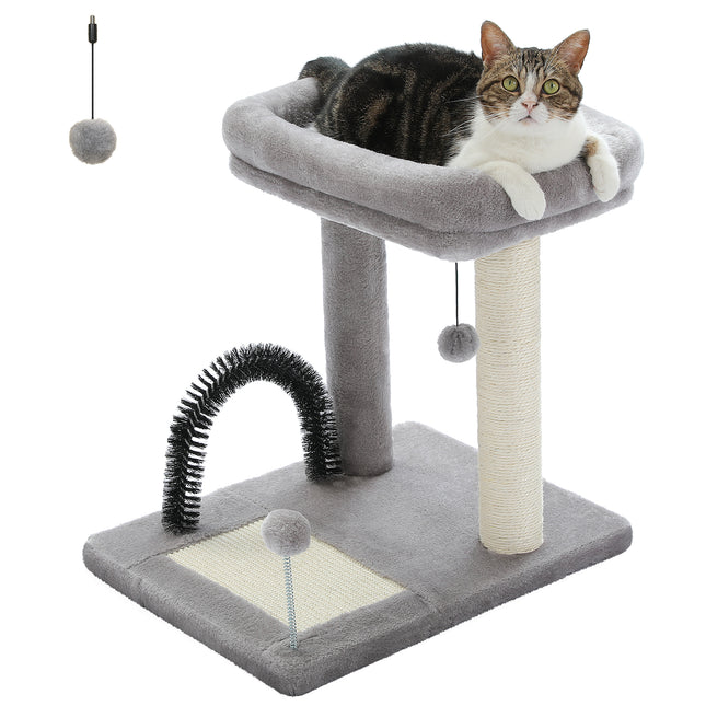Árbol para gatos pequeño de 50 cm con percha grande, poste rascador cubierto de sisal y cepillo autocuidado
