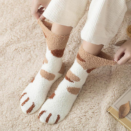 Calcetines de mujer de vellón con diseño de pata de gato kawaii para otoño e invierno