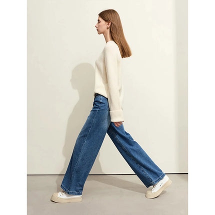 Jean ample décontracté vintage à jambes larges pour femmes - Pantalon plissé en coton d'automne