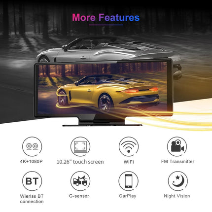 10.26" 4K Touchscreen Rearview Mirror Dash Cam with CarPlay & Android Auto