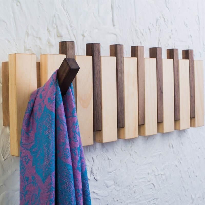 Wall-Mounted Wooden Rack with Folding Hooks