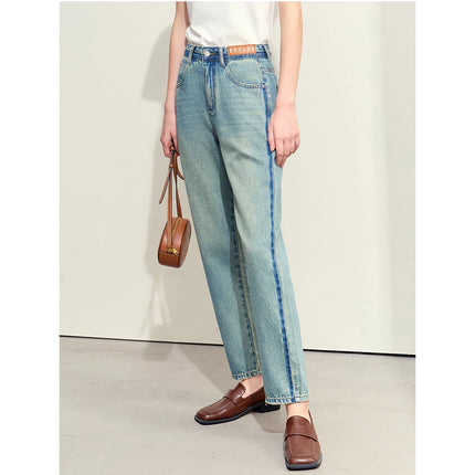 Jean fuselé en denim patchwork minimaliste pour femme - Style rétro