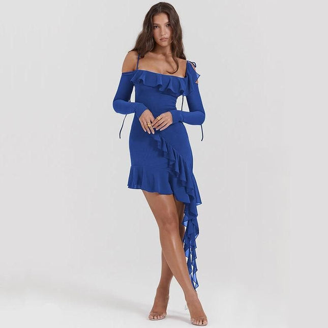 Robe mini élégante à bretelles spaghetti et à volants pour femme