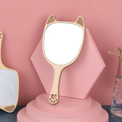 Charmant miroir de maquillage à main en bois avec un joli motif d'oreille de chat