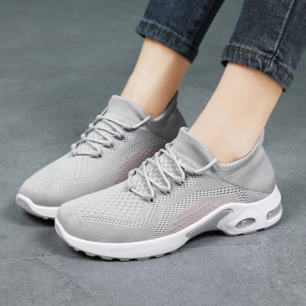 Zapatillas de deporte con cordones y amortiguación de aire para mujer, zapatos casuales de malla transpirables de tejido volador para verano