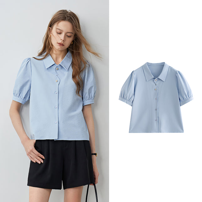 Summer French-Style Petal Placket Bubble Sleeve Top