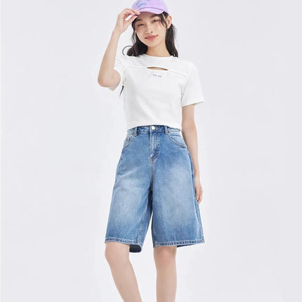 Short en jean droit taille haute pour femme