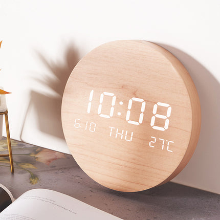 Reloj de pared de madera LED con pantalla de temperatura, estilo nórdico silencioso