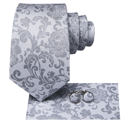 Elegante conjunto de corbata para hombre con diseño floral en gris plateado