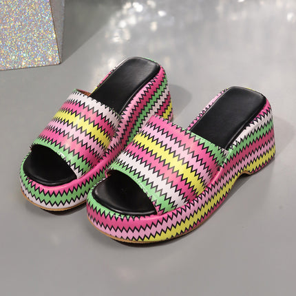 Sandalias de cuña con estampado de ondas de colores a la moda, zapatillas de tacón alto para exteriores de verano, zapatos de suela gruesa para mujer