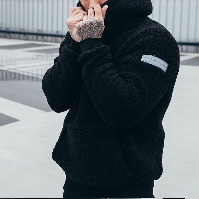 Sudadera con capucha de felpa para hombre con bolsillo grande, estilo moderno, manga larga, color liso.