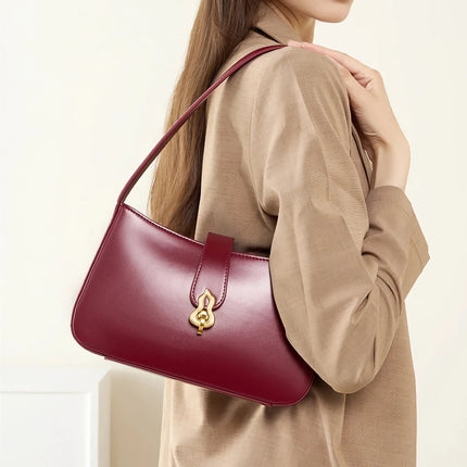 Bolso de hombro de media luna de cuero genuino rojo vino de lujo para mujer