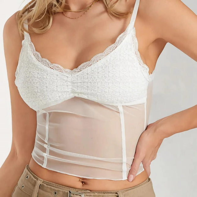 Top de malla transparente sin mangas con encaje blanco para mujer