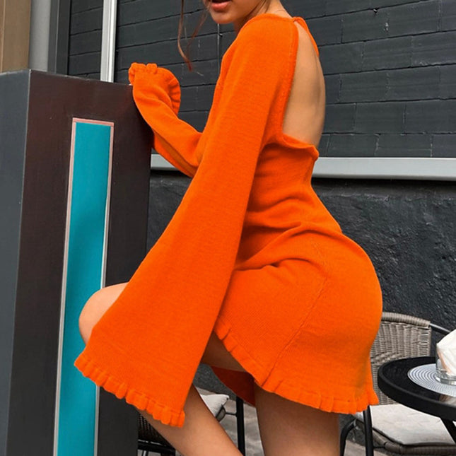 Flared-Sleeve Open-Back Dress