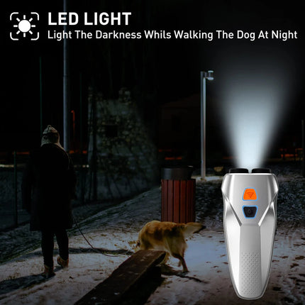 Repelente ultrasónico para perros con linterna LED y sensores duales