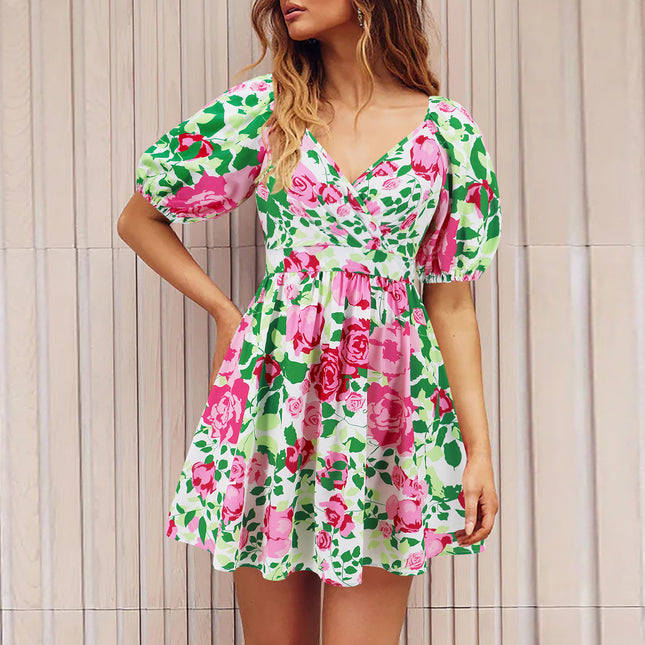 Vestido con cuello en V y mangas abullonadas con estampado de flores Y2K para vacaciones de verano, vestidos cortos de playa, ropa de moda para mujer