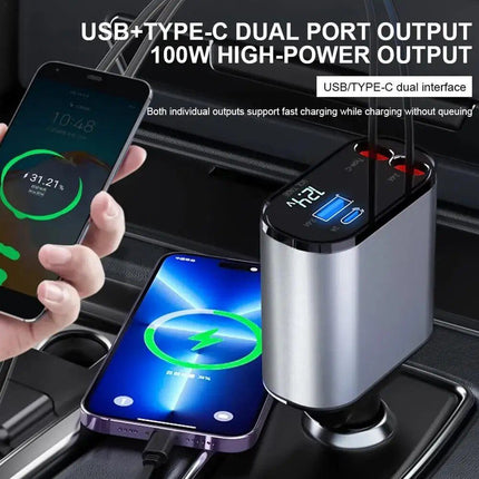 High-Speed 4-in-1 Retractable Car Charger with Dual USB, Type-C & Lightning Cables - Wnkrs