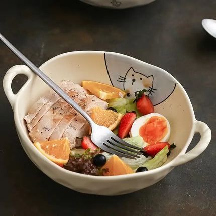 7.5 Inch Cat Design Ceramic Soup Bowl with Handle