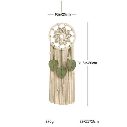 Tapisserie murale circulaire tissée à la main de style nordique avec motif de feuilles