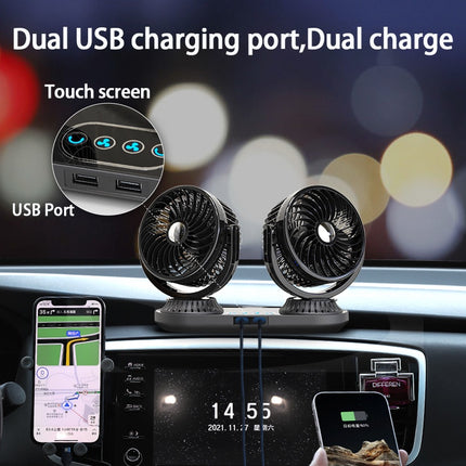 Ventilador de coche de doble cabezal de 360° con puertos USB y control táctil