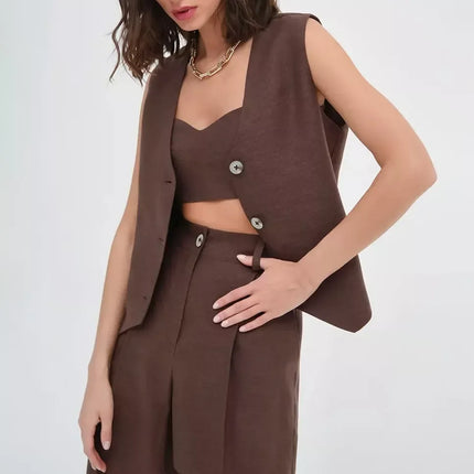 Ensemble gilet sans manches et pantalon à jambes larges en mélange de coton et de lin