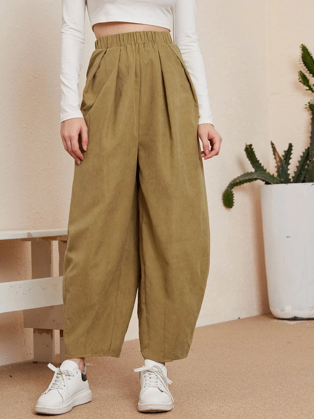Pantalon décontracté en coton taille haute avec poches - Pantalon ample d'automne