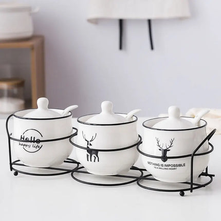 Ensemble de pots à épices en céramique avec cuillère et couvercle pour assaisonnement de cuisine