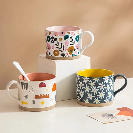 Tasse en céramique à fleurs peintes nordiques – Tasse à café, à thé et à petit-déjeuner de 400 ml