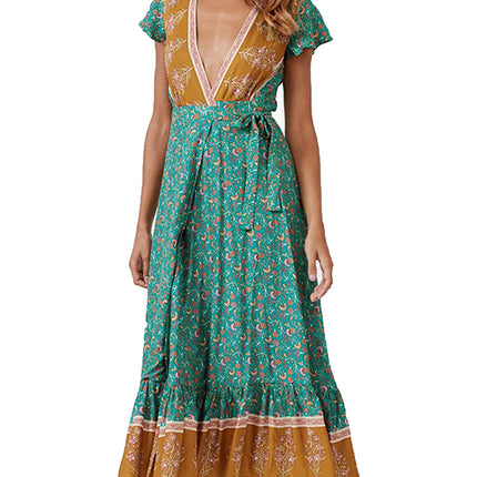 V-neck Split Bohemian Print Dress