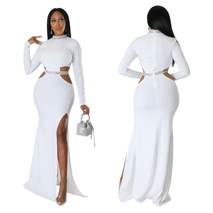 Fashion Women's Wear Sexy Waist Hollow-out Split Dress Solid Color