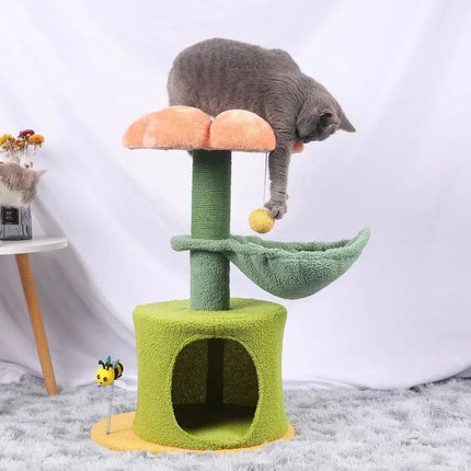 Torre para gatos con hamaca y diseño de árbol de flores