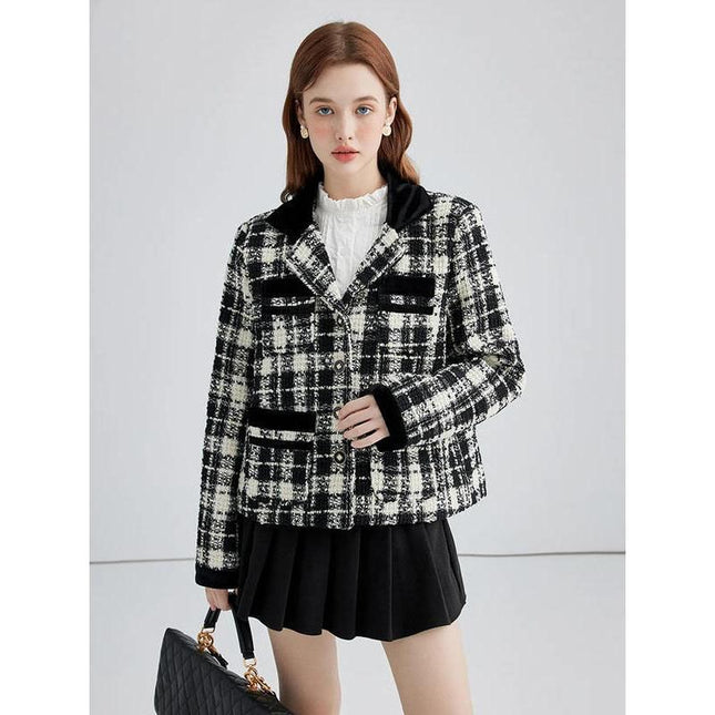 Chaqueta corta elegante de lana con cuadros en contraste para mujer
