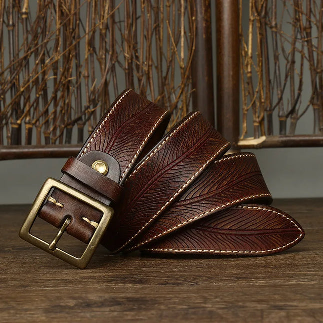Cinturón de piel con estampado vintage de 3,8 cm, correa de piel de vaca con hebilla de cobre para jeans de hombre