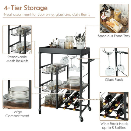 4-Tier Rolling Kitchen Bar Cart with Wine Rack and Removable Tray - Wnkrs