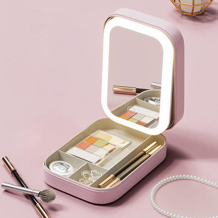 Espejo de maquillaje LED portátil con brillo ajustable y almacenamiento