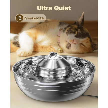 2L Stainless Steel Cat and Dog Water Fountain with Quiet Pump for Multiple Pets