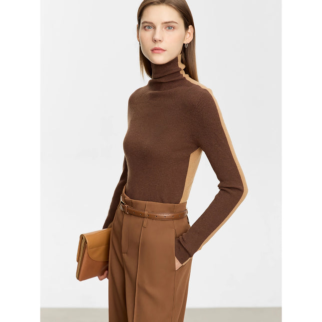 Suéter de cuello alto con contraste de color minimalista para mujer: jersey de punto ajustado de otoño