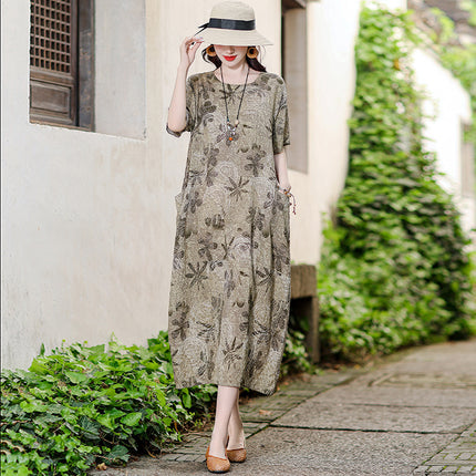 Vestido informal versátil de algodón y lino con estampado floral para mujer