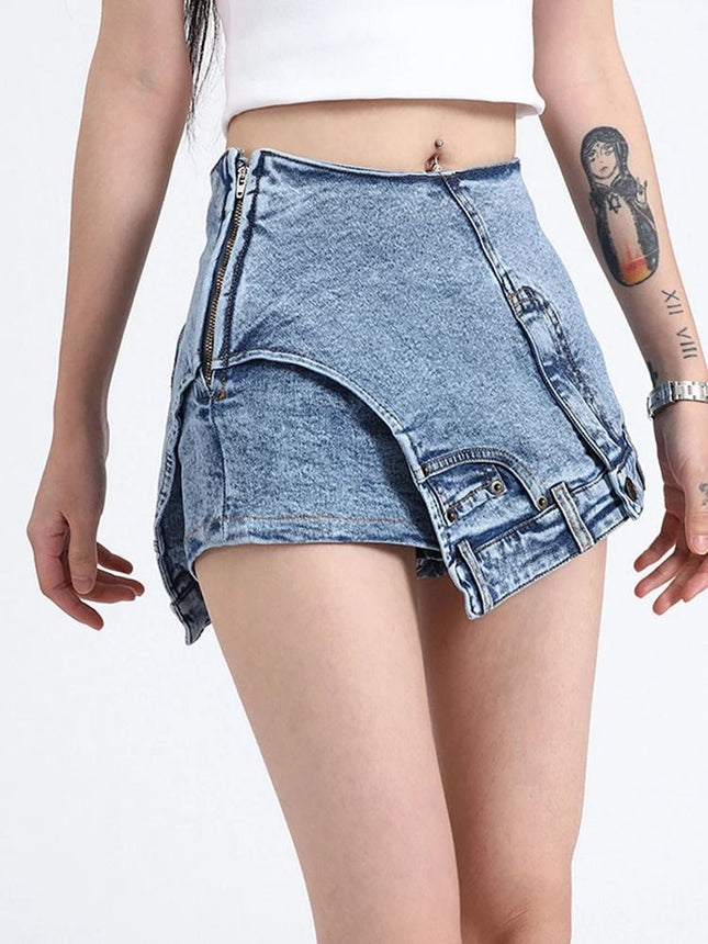 Short en jean patchwork taille haute pour femme