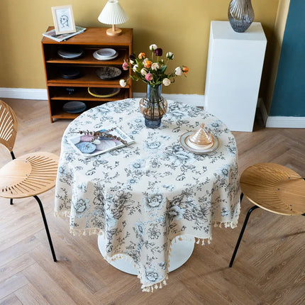 Mantel de lino y algodón con estampado de peonías y borlas para una elegante decoración del hogar