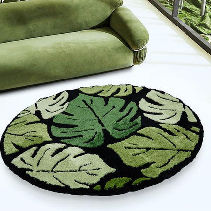 Tapis rond en peluche à motif de feuilles de Monstera vertes