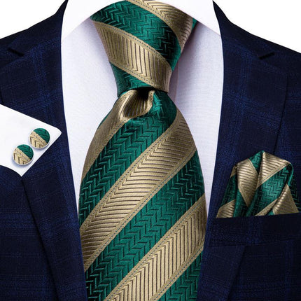 Elegante conjunto de corbata de seda a rayas verdes para hombre