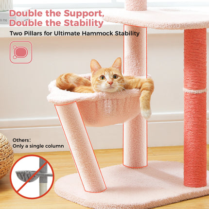 Árbol para gatos de varios niveles con forma de flamenco rosa encantador, hamaca y postes para rascar