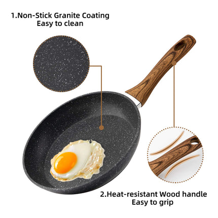 Frying Pan Set 3-Piece Nonstick Saucepan Woks Cookware Set,Heat-Resistant Ergonomic Wood Effect Bakelite Handle Design,PFOA Free - Wnkrs